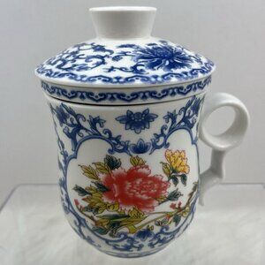 Chinese Porcelain Tea Cup Teacup with Lid Removable Infuser Strainer Floral Blue